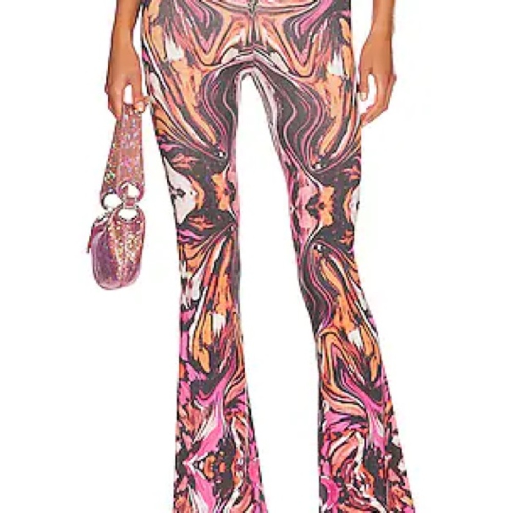 h:ours DETRIA RUCHED FRONT PANT | Pink and Orange Swirl Flare Pants